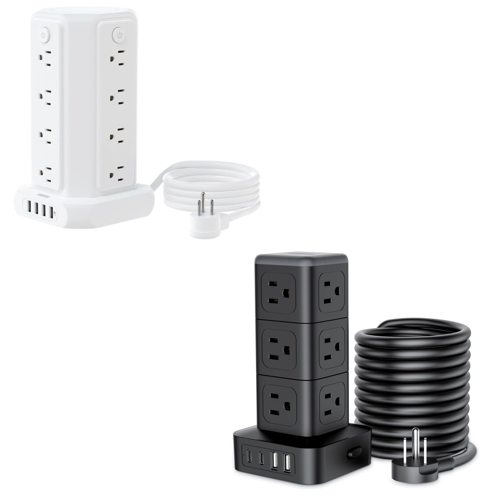 10 FT Extension Cord Power Strip Tower, 16 Widely Outlets 1875W 15A + NTONPOWER 15 FT Power Strip Surge Protector Tower, Mini Flat Plug Power Strip Tower