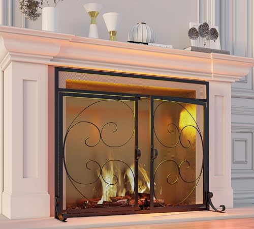 Image of Fire Beauty Wrought Iron Fireplace Screen with Magnetic Double Doors Black