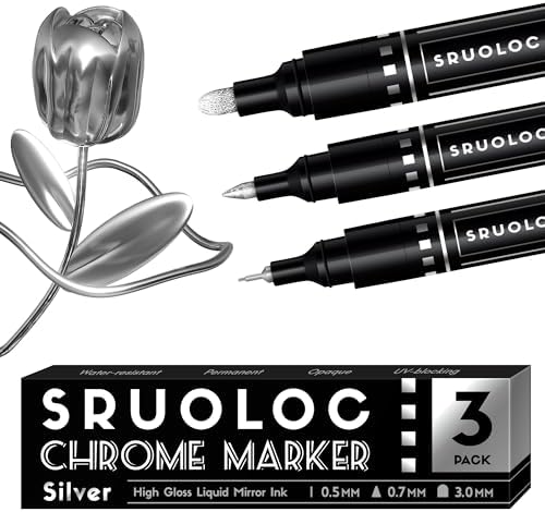 SRUOLOC 3Pcs Liquid Chrome Paint Markers, Oil-based Permanent Chrome Maker, Gloss Mirror Marker Repairing, Reflective Metallic Pen Markers for Touch Up Model Painting DIY Art Projects, Silver