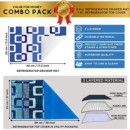 Image of Polyester 3-Layered Fridge Top Cover /Refrigerator Cover with Utility Pockets and Set of 3 Pc Fridge Mats (Color- Blue, Size-39x21 Inch)