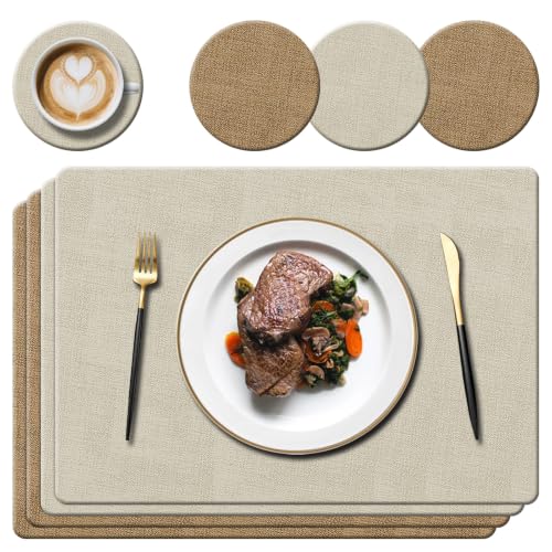 Image of Faux Leather Place Mats and Coasters, Beige/Cream, 43x30cm, Set of 4