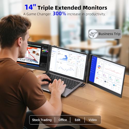 Image of 14 inch Triple Laptop Screen Extender - Ultra Thin & Lightweight (2.2lb) Portable Monitor For Laptop, FHD 1080P Travel Display 13-17 inch Laptops, Plug & Play USB-C /HDMI, Aluminum Extended Screen for Mac /Win