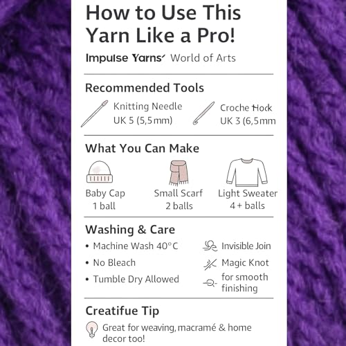 Image of WOAFashions Impulse Hand Knitting & Crochet Yarn, Premium Acrylic, 4 : Medium (Purple) (4x100gms / 14.1oz)