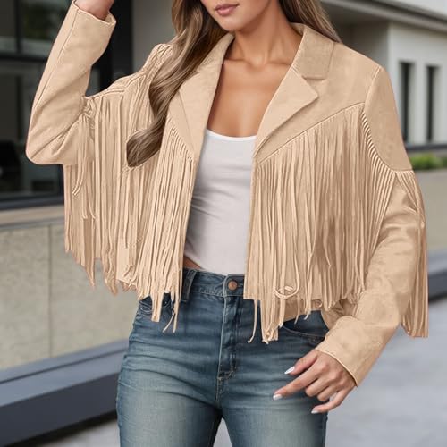 JiXiang Suede Jacket Women Faux Leather Long Sleeve Western Fringe Tops Lightweight Motorcycle Open Front Tassel Crop Jackets2