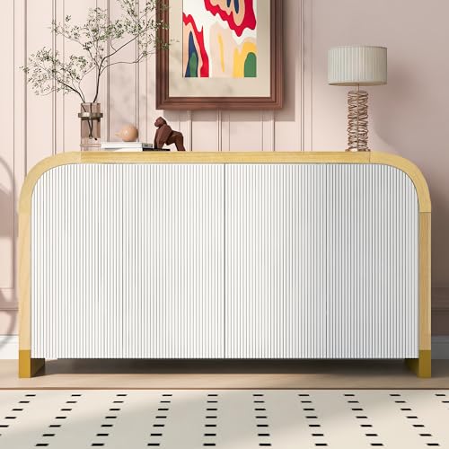 VilroCaz Aparador de madera con forma de rayas retro con 4 puertas y estantes ajustables, mesa consola multifunción para entrada, sala de estar, comedor (blanco-24)