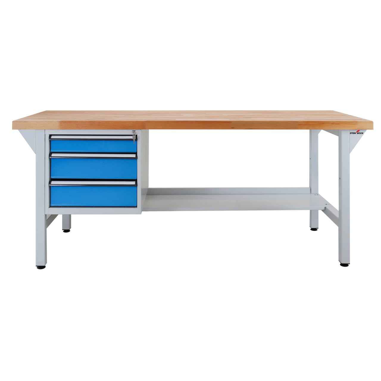 Steinbock Werkbank mit 3 Schubladen | 500 kg Tragkraft | HxBxT 85 x 200 x 75 cm | Lichtblau | 5 cm Starke geölte Massivholz-Arbeitsplatte | stabiles Stahlgestell | Made in EU | Werktisch