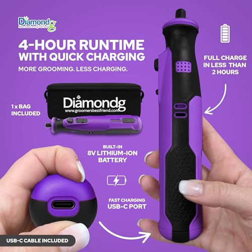 Diamondg Cordless Dog Nail Grinder with Quiet Sound & LED Tip for Large & Small Dogs, 4hrs. Runtime - Electric Dog Nail Trimmer, Heavy Duty Rotary Tool Alternative to Toenail Clippers & Filers