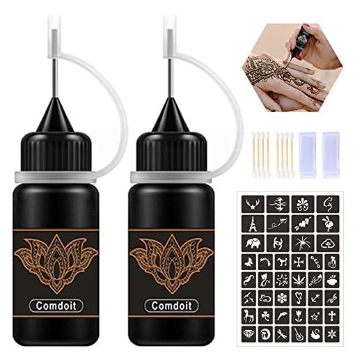 Comdoit Temporary Tattoo Kit Jagua Gel Brown Tattoo Ink Semi Permanent Tattoo Freehand Ink 42 Pcs Free Tattoos Stencils DIY Fake Tattoos Freckles Makeup Body Paint Kit for Women Kids Men (2 Bottles)