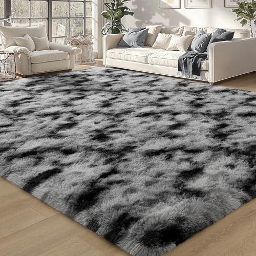 Listado de Shaggy blanco Top 10. 49 Meralax - Alfombras blancas y negras teñidas con técnica tie-dye para sala de estar, recámara, alfombra de área suave de 5 x 8 pies, alfombra esponjosa shaggy para junto a la...