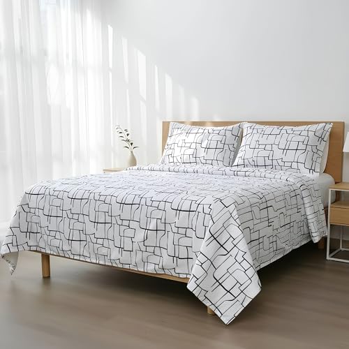 H HANSEL HOME Juego de Sábanas Cama 180, Juego Sábanas 180x190/200cm 4 Piezas, Microfibra Extra Suave, Sábanas Bajera Ajustable, Encimera, 2 Fundas de Almohada - Líneas Abstractas