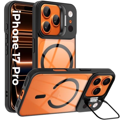 Image of A rtistque Clear Back Cover Case for iPhone 17 Pro | Compatible with Mag-Safe | Built-in Adjustable Camera Stand | Shockproof TPU Bumper | Premium Transparent Design | iPhone 17 Pro Back Cover - Black