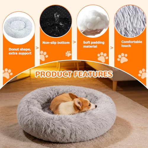 Pmueuff Hundebett Donut für Mittelgroße Haustiere, Flauschig Kuscheliges Katzenbett mit Waschbarem Bezug, Rund Hundekissen Rutschfestem Boden, Hundekorb Langer Plüsch Waschbar in 70cm