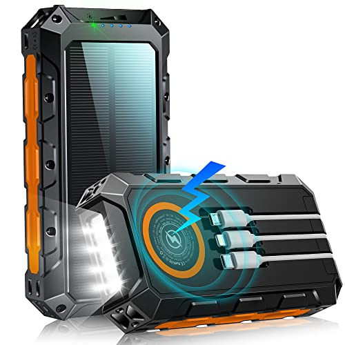 Solar Powerbank 52800mAh, 30W PD Power Bank Schnellladefunktion mit 3 Integrierten Kabel...