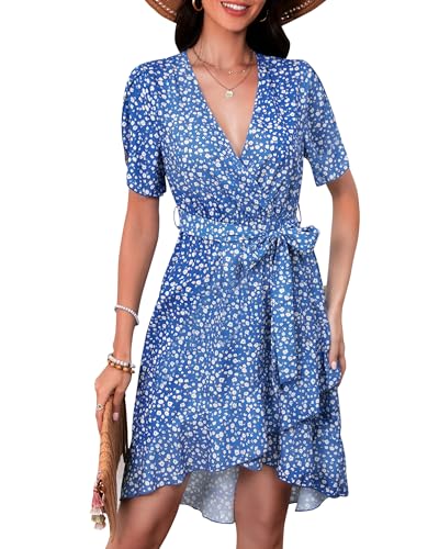 Image of Womens Wrap V Neck Short Sleeve Dress 2025 Summer Floral Boho Dress Ruffle A Line Flowy High Low Midi Dresses