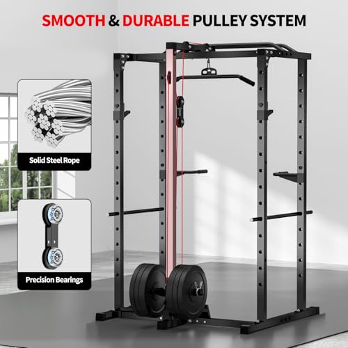Image of JEEKEE Power Rack with LAT Pulldown, 2000LBS Power Cage with Cable System, Multi-Function Squat Rack with J-Hooks, Safety Bars, Landmine, Pull Up Bar & Attachments for Home Gym Strength Training,Black