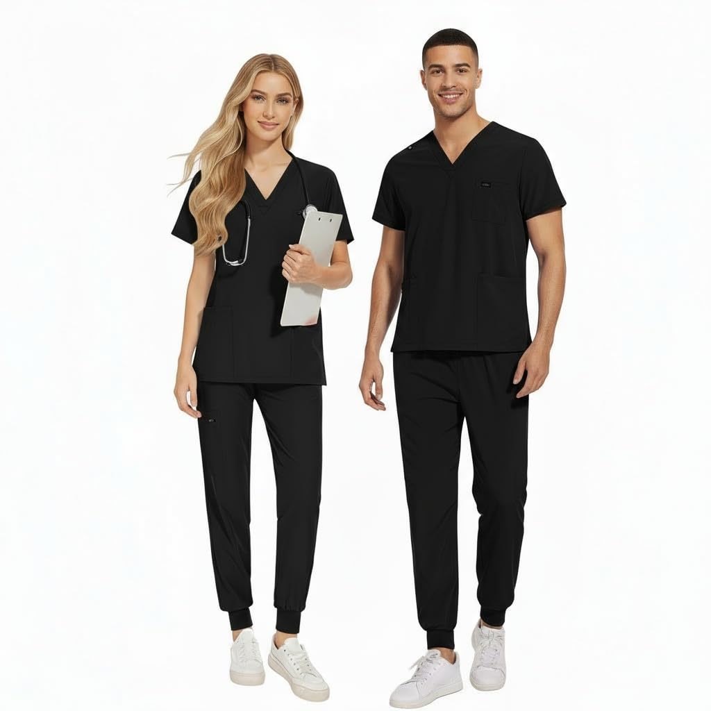 CK13 - Conjunto médico de manga corta con cuello en V y 3 bolsillos, pantalones elásticos que absorben la humedad, uniforme médico