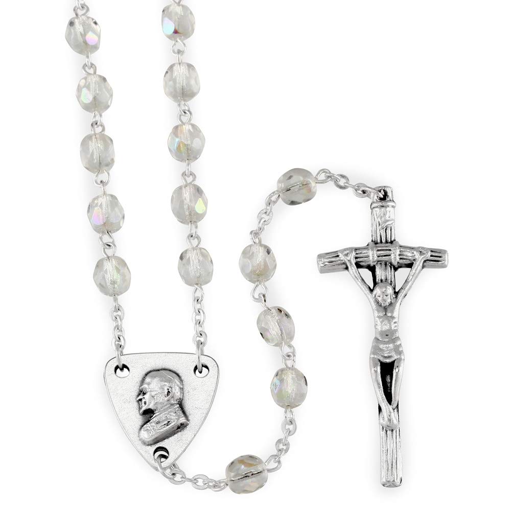 Rosary with Clear Crystal Shape Glass Beads and St. John Paul II Center