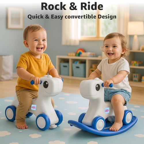 Image of Amazon Brand - Jam & Honey 3-in-1 Baby Push On Ride On Rocker for Kids | Balancing Board | Backrest | Easy Grip | Four Wheel | Durable and Safe | Lightweight | Animal Theme | 12 Months+ | Blue & Grey