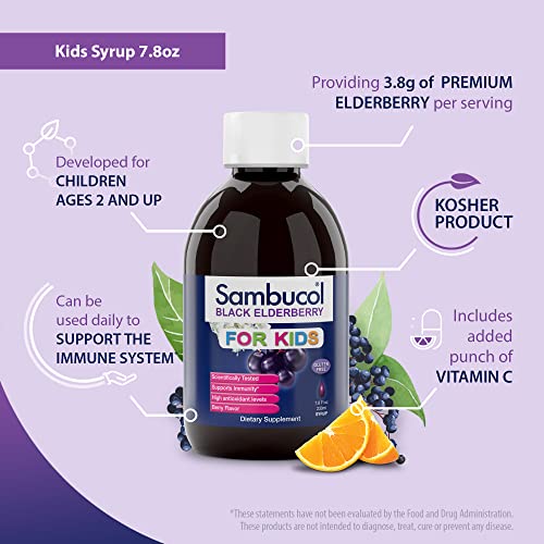 Sambucol Black Elderberry Syrup For Kids - Kids Elderberry Syrup, Added Vitamin C, Black Elderberry Syrup For Kids, Sambucus Elderberry Kids Syrup For Immune Support, Delicious Berry Taste - 7.8 Fl Oz #TOP2
