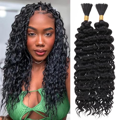 Leeven Water Wave Bulk Braiding Hair 18 Inch 160g No Weft Human Hair Mixed Synthetic Natural Black Curly Hair Bundle for Boho Braids Wet and Wavy Hair Extensions (2 Bundles, 1B)