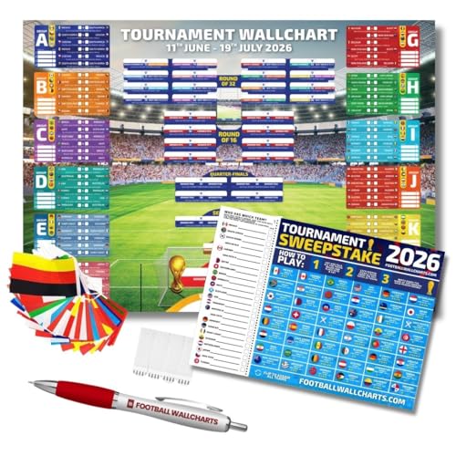 2026 World Tournament Wallchart Bundle A1 Sized Stadium Glow Style Tournament Tracker with Flags Sweepstake Pen & Hanging Kit (59.4 x 84.1 cm)
