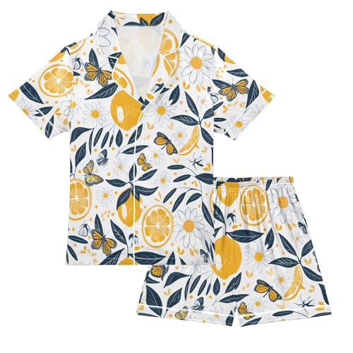 ALAZA Lemon Flower Butterfly Blossom Pajamas Satin Pajama Set Short Sleeve Button Down Sleepwear