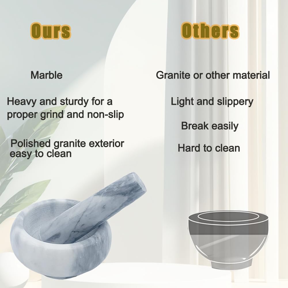 Ensemble de mortier et pilon en marbre – Petit bol de 8,9 cm pour guacamole, pâtes d'assaisonnement, salsa, pilules, épices, herbes, ail, noix, broyeur robuste (gris/blanc)