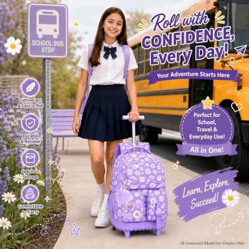 Image of CCJPX Rolling Backpack for Girls, 3Pcs Roller Wheeled School Bookbag, Daisy Wheels Backpacks with Lunch Box for Kids (Purple)