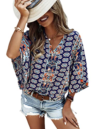 SOLY HUX Women's Boho Print V Neck 3/4 Bell Sleeve Button Front Summer Blouse Top