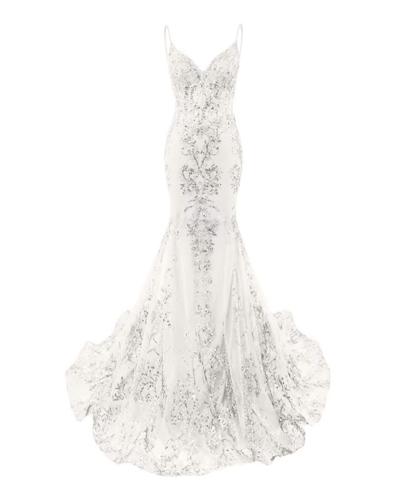 Sparkly Sequin Mermaid Prom Dress for Women 2025 Lace Applique Formal Evening Dresses V Neck Straps Backless Party