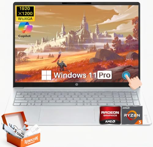 Image of HP OmniBook 3 16 inch Touchscreen Laptop, AMD Ryzen 5 40 Processor, 8 GB LPDDR5 RAM, 1 TB SSD, Windows 11 Pro, Up to 14.25 Hours Battery Life, Fast Charge, Glacier Silver, Accessories