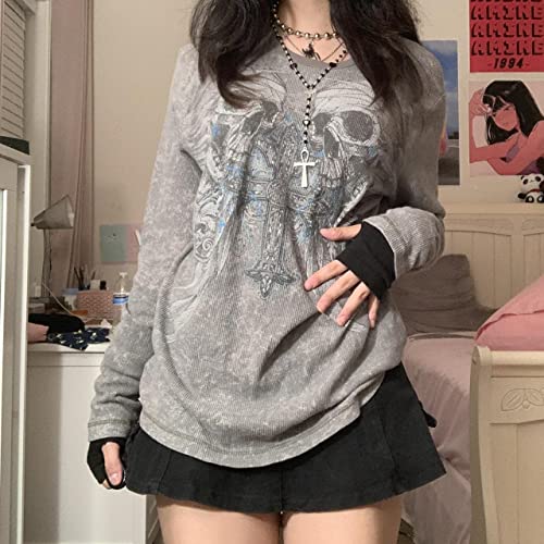 Women Vintage Fairy Grunge Y2K Long Sleeve Shirt Skull Graphic Printed Gothic Tee Tops Aesthetic Harajuku Tops3