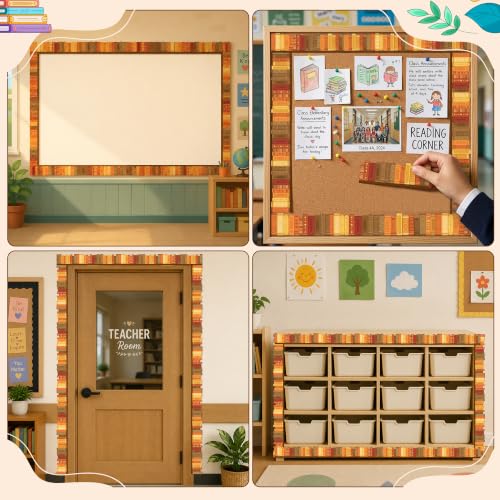 Image of BeYumi Fall Bookshelf Border Trim - 65ft Fall Books Rolled Border Classroom | Autumn Orange Brown Bookshelf Bulletin Board Border Set School Classroom Library Office Chalkboard Home Wall Party Decoration