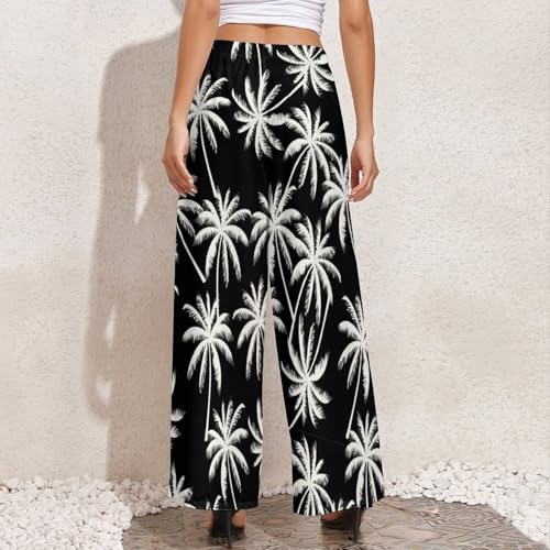 Womens Wide Leg Pants White Palm Trees Casual High Waist Long Palazzo Pants Lounge Beach Trousers4