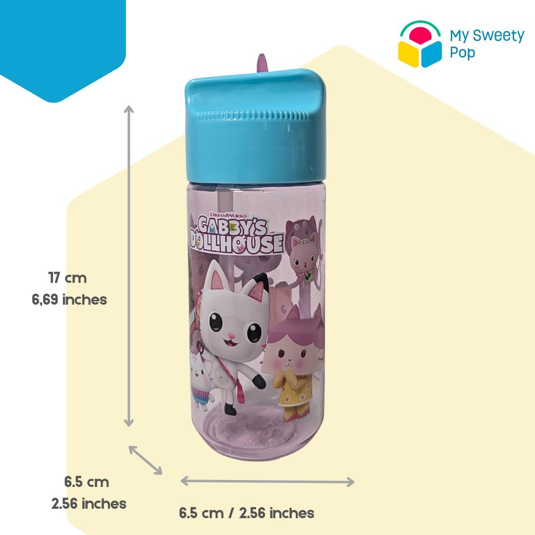 My sweety pop - Gabby's Dollhouse Plastic Kids Drinking Bottle with Straw - 17cm - Clear Bottle for School, Sports, Outings - Secure Closure - Transparent - Pink/Blue - Image 3