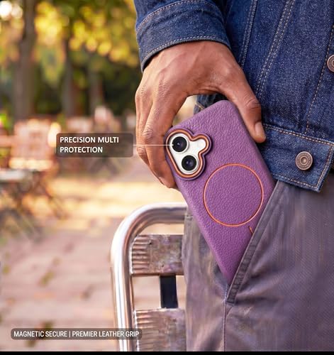 Image of amazon basics Luxury MagSafe Compatible Leather Texture Back Cover for iPhone 16 | Raised Camera Protection | Slim Fit Shockproof Case with Metallic Accents (Purple)