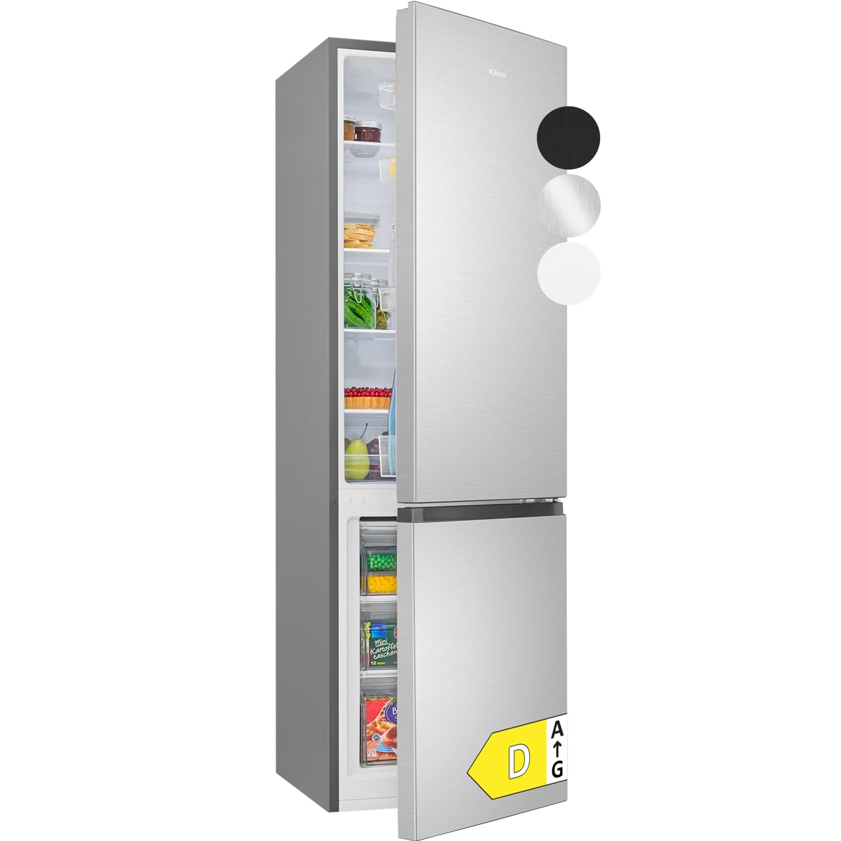 Bomann Kühlschrank mit Gefrierfach | Energieklasse D | 180cm | Kühl Gefrierkombination leise 39 dB | 4 Ablagen & 3 Schubladen | Türanschlag wechselbar | 269L Kühlgefrierkombi | KG 184.2 inox