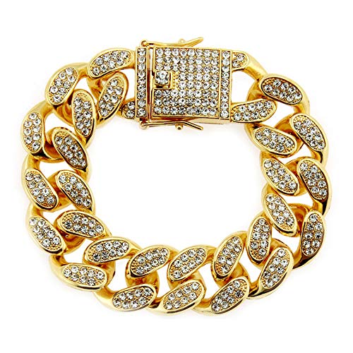 HUAMING 12mm Gold Plated Hip Hop Iced Out CZ Lab Diamond Miami Cuban Link Chain Bracelet for Men and Women