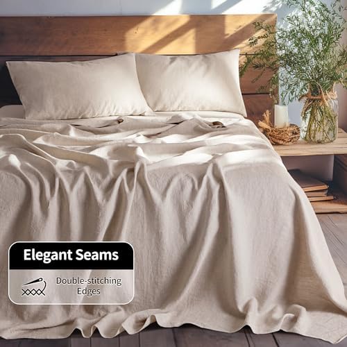 LBRO2M 100% Linen Sheet Set Queen Size, Bed Sheets 4 Piece Sets, Solid Color Natural Flax Bed Sheets Soft Breathable Bedding,16" Deep Pocket,All Season (Queen, Linen) - Thumbnail 2