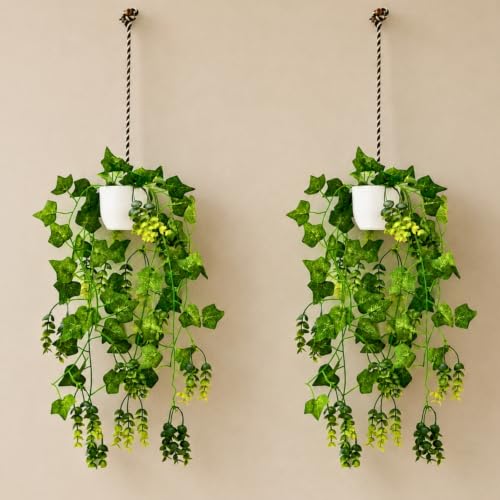 Image of fancymart Artificial Hanging Ivy Plant with White Hanging Pot & Rope, 60 cm Height, Pack of 2, Realistic Green Leaf Creeper for Home, Office, Living Room & Wall Decor