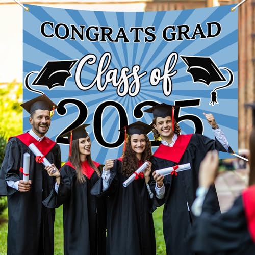 Image of Congrats Grad Class of 2025 Backdrop Banner Light Blue Class of 2025 Banner Backdrop Graduation 2025 Background Sign for Graduation Party Supplies Graduation Decorations 2025 (Light Blue)