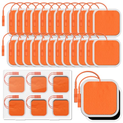 Image of 24 Pack 2''X2'' Large TENS Unit Electrode Pads, Orange | Upgraded Reusable Tens Unit Replacement Pads with 2mm Connector, Compatible with AUVON , TENS 7000 Devices