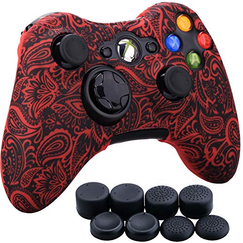 9CDeer 1 Morceau de Silicones Transfert d'eau Protecteur Manche Cas Couverture Peau Cover Skin + 8 Poignées de Pouce Capsules Analogiques Thumb Grip pour Manette Xbox 360 Feuilles rouges