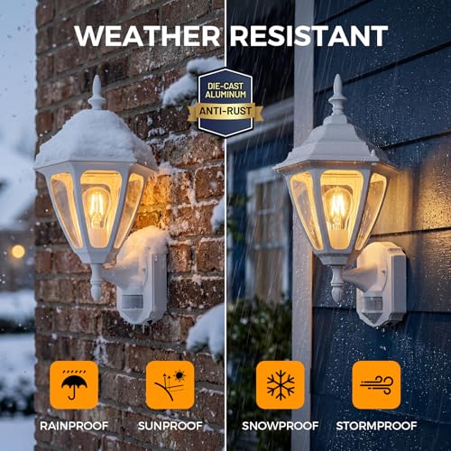 Image of Porch Lights Outdoor Motion Sensor Wall Sconce Anti-Rust Aluminum, Exterior Outdoor Wall Lights Dusk to Dawn Porch Light Fixture Wall Mount for House Outside Patio Large White