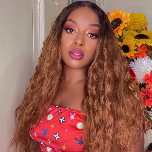 K'ryssma Ombre Brown Lace Front Wig With Black Roots Long Curly Synthetic Wig For Women Half Hand Tide Ombre Brown Curly Wigs 22 Inches Hair Replacement Wig #TOP3