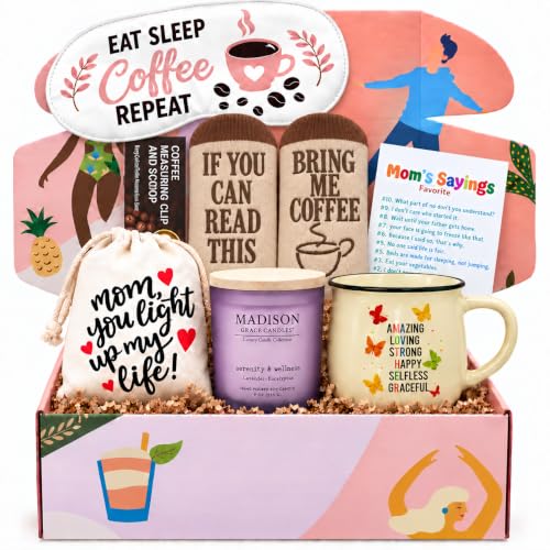 SILLY OBSESSIONS Coffee Lover Gift Basket for Mom – Birthday Coffee Gift for Women, Mother, Wife – Funny Coffee Mug, Lavender Candle, Socks, Scoop, Sleep Mask, Charm & Card