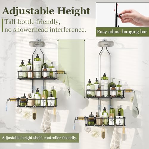 Shower Caddy Hanging: Adjustable Height Organizer for Over Showerhead - Black Rustproof Shower Shelves with Hooks & 2 Soap Holders - Image 4