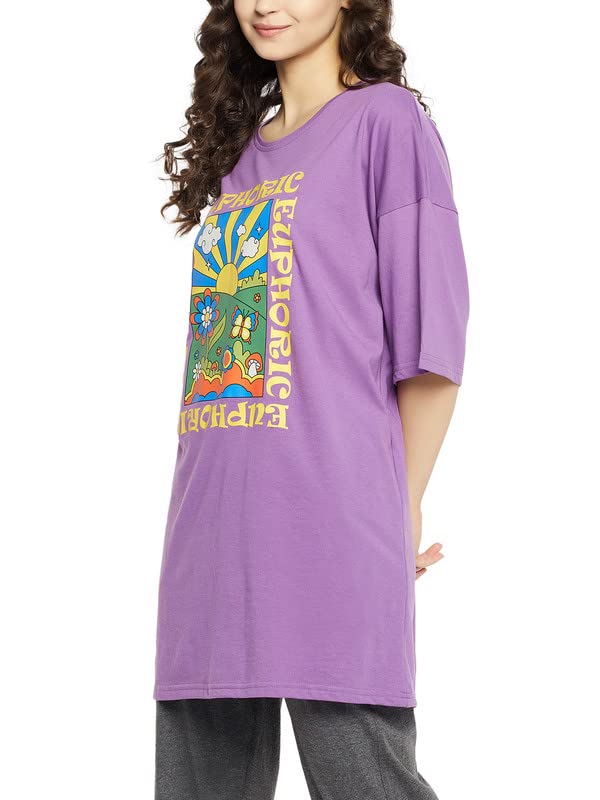 Image of Clovia Women's Cotton Graphic & Text Print Oversized T-Shirt