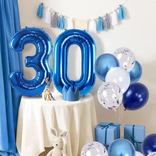Image of Number 30 Balloon Pastel Blue for Kids, XXL 30th Birthday Decor Foil Balloon Dark Navy Blue with Silver Confetti Helium Balloon, 40 Inch Balloon 30 for Women Birthday Party Men Anniversary Decorations