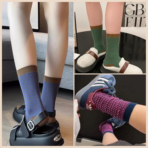 Image of Women Retro Colorful Socks, 3Pairs Slouchy Tube Quarter Crew Socks for Women Patterned Fall Knit Cotton Cute, Vintage, Fashion Size 5-9